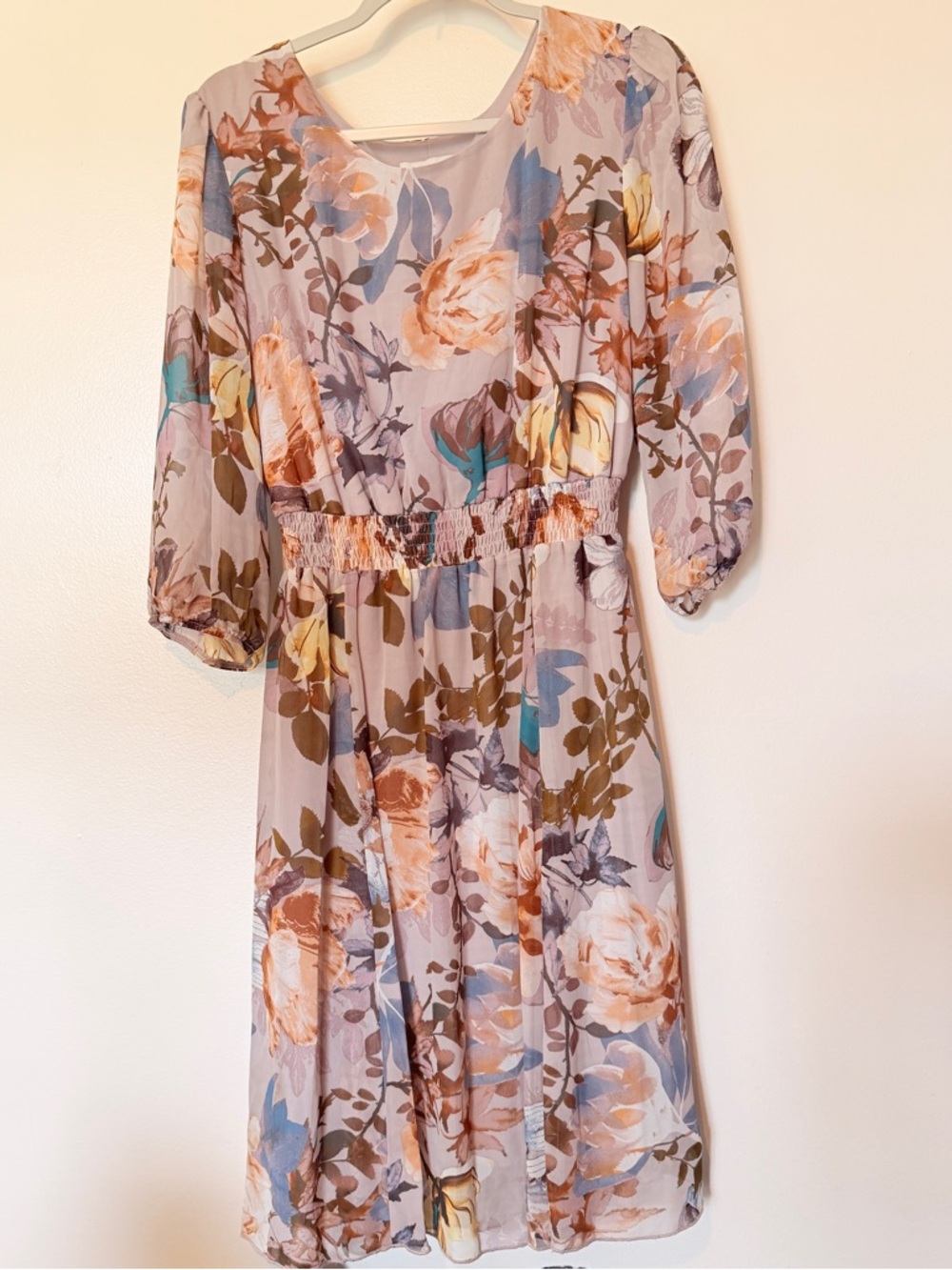 Taupe Floral Midi Dress with Puff Sleeves